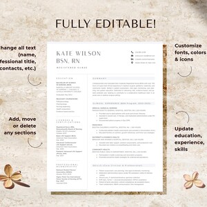 May include: A white resume template featuring black text with sections for education, clinical experience, licenses, and professional memberships. The document includes placeholders for contact information, name, and professional title, with text indicating it is fully editable.