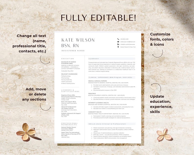 May include: A white resume template featuring black text with sections for education, clinical experience, licenses, and professional memberships. The document includes placeholders for contact information, name, and professional title, with text indicating it is fully editable.
