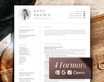 Plantilla de CV Canva con carta de presentación, plantilla de CV de 1 página Canva + CV de 2 páginas para Canva, CV minimalista profesional con foto