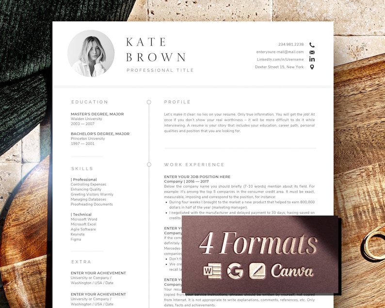 May include: A resume template with a modern design. The template features a professional headshot, a skills section, and a work experience section. The template is available in four formats: Word, Google Docs, Canva, and PDF.