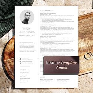May include: A professional resume template with a photo of a man in a circle at the top. The resume includes sections for work experience, education, and extra information. The text "Resume Template Canva" is displayed on a dark brown rectangle.