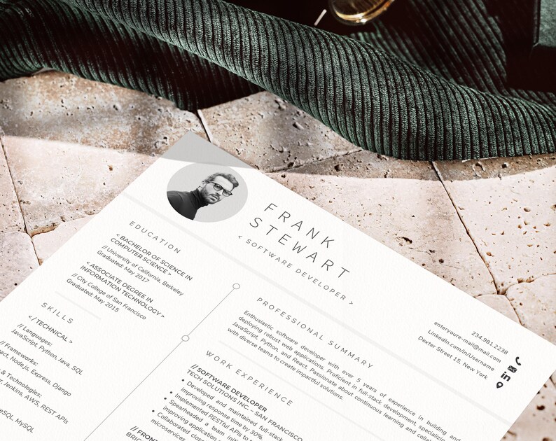 May include: A black and white resume with a headshot of a man wearing glasses. The resume is for Frank Stewart, a Software Developer. The resume includes his education, skills, professional summary, and work experience. The contact information includes his email address, LinkedIn profile, and phone number.