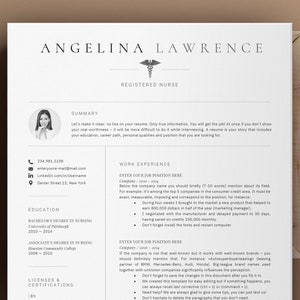 May include: A black and white resume template with a medical symbol at the top. The resume is for a registered nurse named Angelina Lawrence. The resume includes sections for summary, work experience, education, licenses and certifications. The resume also includes contact information such as phone number, email address, and LinkedIn profile.