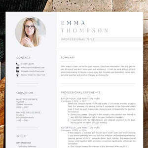 May include: A white resume template with a professional headshot of a woman. The resume includes contact information, a summary, education, skills, and professional experience. The text on the resume includes the name Emma Thompson, the title "Professional Title", and the text "Let's make it clear: no lies on your resume. Only true information. You will get the job! At once if you don't show your real worthiness it will be more difficult to do it while interviewing. A resume is your story that includes your education, career path, personal qualities and position that you are looking for."