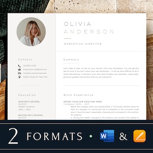 May include: A resume template with a minimalist design. The template features a headshot, contact information, a summary section, education section, and work experience section. The text "2 FORMATS" is at the bottom of the page.