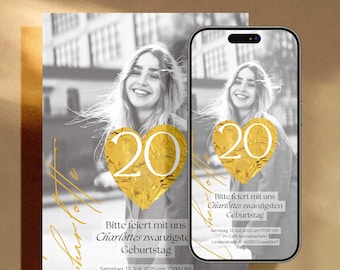 Einladung zum 20. Geburtstag, WhatsApp Drucken Geburtstagseinladungen – Digitale Einladungskarten, Editierbar für jedes Alter, Gold Vorlage