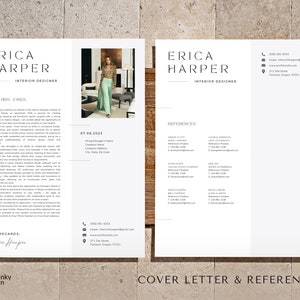May include: A two-page resume template with the name "Erica Harper, Interior Designer" at the top. The left page includes a cover letter, and the right page lists references. The design is minimalist with a photo of a person in the cover letter.