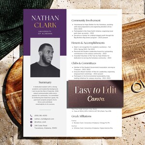 Op de afbeelding: Een cv-sjabloon met een foto van een man, in een paars en goudkleurig ontwerp. Het cv bevat secties voor samenvatting, gemeenschapsbetrokkenheid, onderscheidingen en clubs. De tekst "Easy to Edit Canva" is ook zichtbaar.