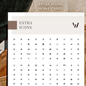 May include: A white sheet of paper with a grid of black icons representing various social media platforms, websites, and other symbols. The text "EXTRA ICONS to ALL CASES" is at the top of the sheet. The text "EXTRA ICONS" is at the top of the sheet. The text "EXTRA ICONS" is at the top of the sheet.