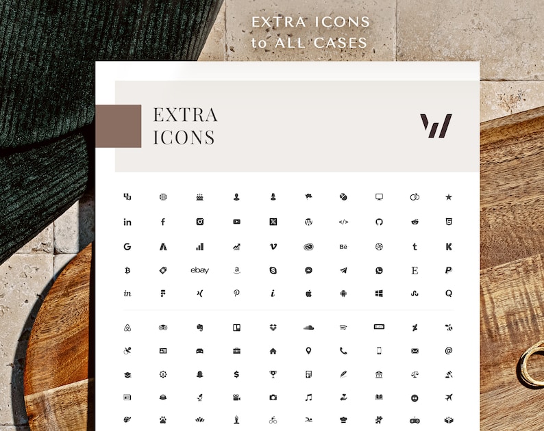 May include: A white sheet of paper with a grid of black icons representing various social media platforms, websites, and other symbols. The text "EXTRA ICONS to ALL CASES" is at the top of the sheet. The text "EXTRA ICONS" is at the top of the sheet. The text "EXTRA ICONS" is at the top of the sheet.
