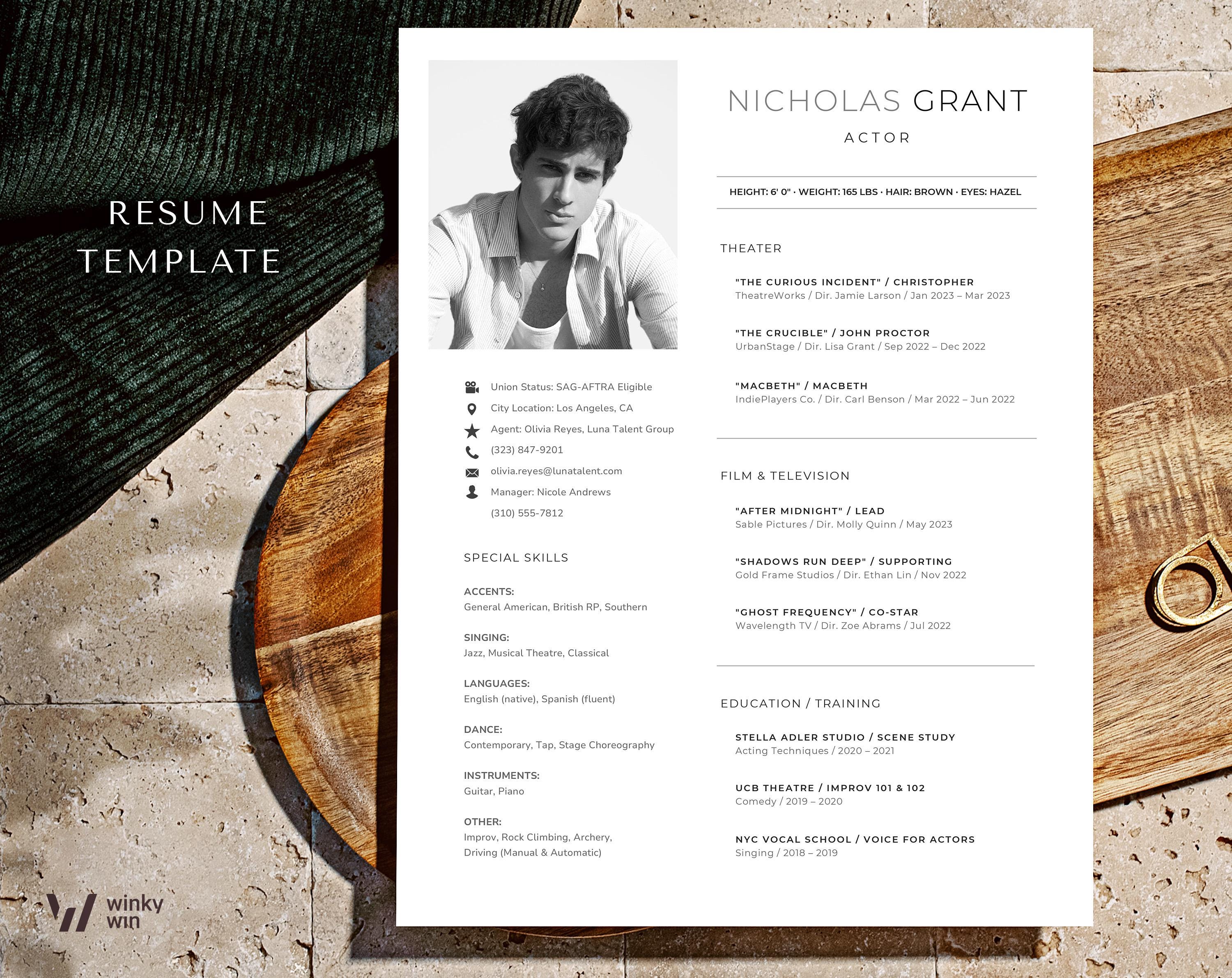 Acting Resume Template, Cv Template for Actress - Actor, Professional ...