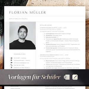 Op de afbeelding: Een zwart-witfoto van een jonge man met kort bruin haar. De foto staat op een witte cv-sjabloon met de tekst "Florian Müller" bovenaan. De cv vermeldt zijn persoonlijke gegevens, opleiding en buitenschoolse activiteiten.
