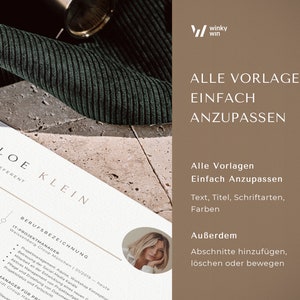 May include: A resume template with a woman's headshot in the corner. The text on the template reads "CHLOE KLEIN, PERSONALREFERENT" and "BERUFSBEZEICHNUNG IT-PROJEKTMANAGER". The text at the top of the image reads "ALLE VORLAGEN EINFACH ANZUPASSEN".
