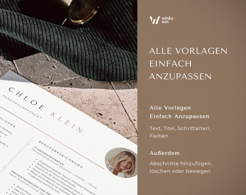 May include: A resume template with a woman's headshot in the corner. The text on the template reads "CHLOE KLEIN, PERSONALREFERENT" and "BERUFSBEZEICHNUNG IT-PROJEKTMANAGER". The text at the top of the image reads "ALLE VORLAGEN EINFACH ANZUPASSEN".