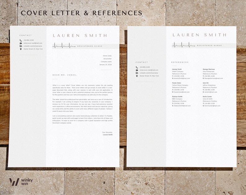 May include: A cover letter and references page for a registered nurse named Lauren Smith. The cover letter is addressed to Mr. Jones and includes a brief introduction and a paragraph about the applicant's experience. The references page lists the names, titles, companies, and contact information for five references.
