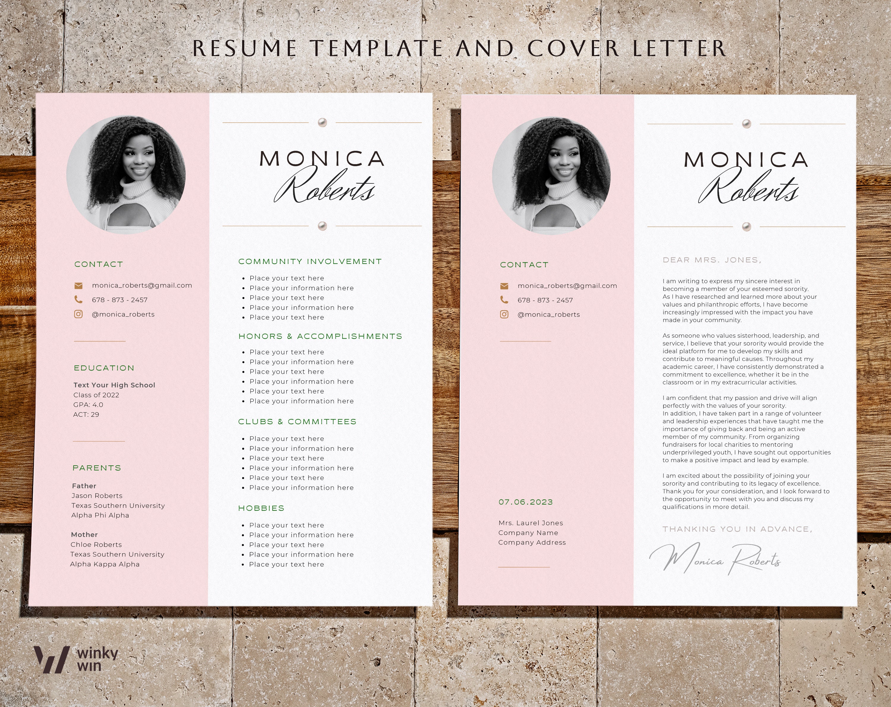 Resume Sorority Resume Template, Sorority Rush Packet, Pink and Green