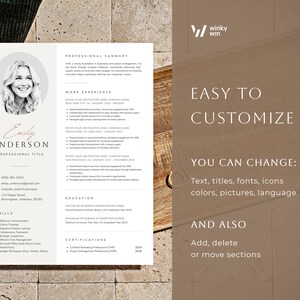 May include: A resume template with a professional photo, contact information, skills, work experience, education, and certifications. The template is easy to customize with different fonts, colors, and icons.
