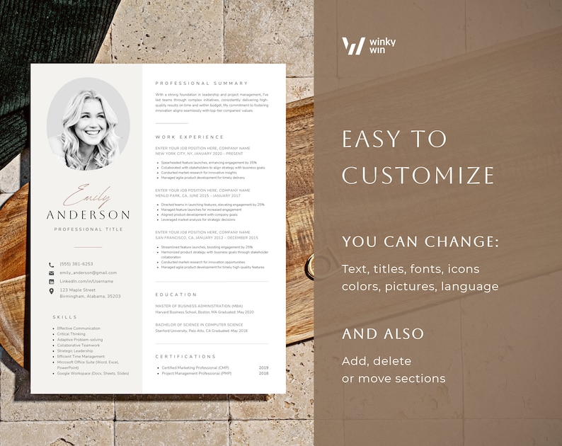 May include: A resume template with a professional photo, contact information, skills, work experience, education, and certifications. The template is easy to customize with different fonts, colors, and icons.