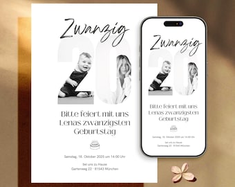 Einladung 20 geburtstag WhatsApp und Drucken, Geburtstagseinladungen – Digitale Einladungskarten zum Geburtstag, Canva