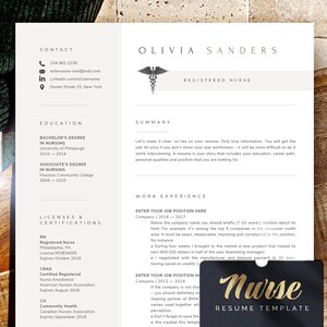 May include: A black and gold resume template with the word "Nurse" in gold lettering. The template includes sections for contact information, education, work experience, licenses and certifications, and a summary.