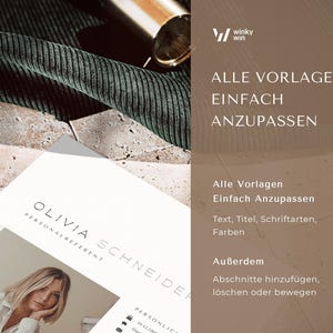 Pode incluir: Um modelo de curr&iacute;culo com o nome "Olivia Schneider" e as palavras "Personal Referent" impressas nele. A imagem tamb&eacute;m inclui o texto "Alle Vorlagen Einfach Anzupassen" e "winky win" no canto superior direito.