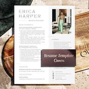 May include: A resume template for an interior designer, featuring the name "Erica Harper" at the top. The document includes sections for work experience, education, and certifications. A photo of a person in a room is included. The text "Resume Template Canva" is also visible.