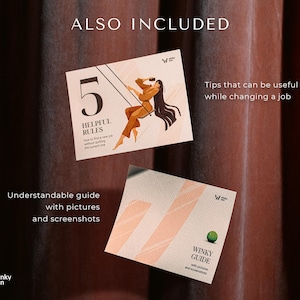 May include: Two guides with pink and white striped covers. The top guide has a woman sitting on a swing with the text "5 Helpful Rules" and "Tips that can be useful while changing a job". The bottom guide has the text "Winky Guide" and "Understandable guide with pictures and screenshots".