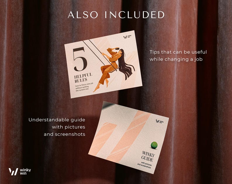 May include: Two guides with pink and white striped covers. The top guide has a woman sitting on a swing with the text "5 Helpful Rules" and "Tips that can be useful while changing a job". The bottom guide has the text "Winky Guide" and "Understandable guide with pictures and screenshots".