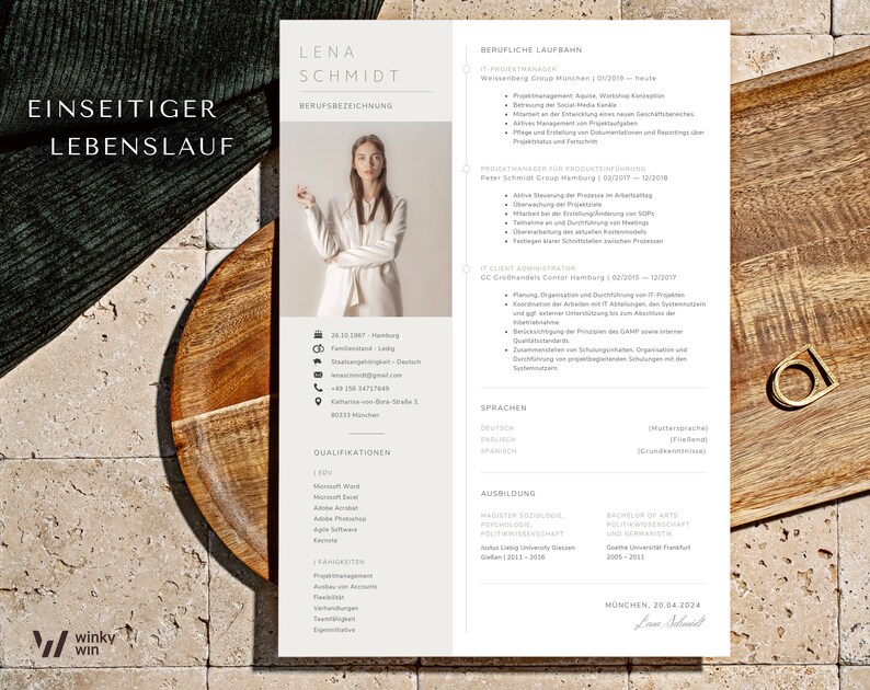 May include: A professional resume template with a portrait of a woman in a white blazer. The resume includes sections for professional experience, qualifications, and education. The text "EINSEITIGER LEBENSLAUF" is at the top left.