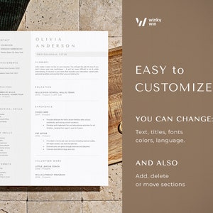May include: A white resume template with the name Olivia Anderson and sections for contact, achievements, activities, skills, and interests. The text "Easy to Customize" is displayed with options to change text, fonts, colors, and language.
