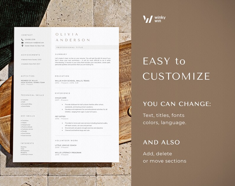 May include: A white resume template with the name Olivia Anderson and sections for contact, achievements, activities, skills, and interests. The text "Easy to Customize" is displayed with options to change text, fonts, colors, and language.