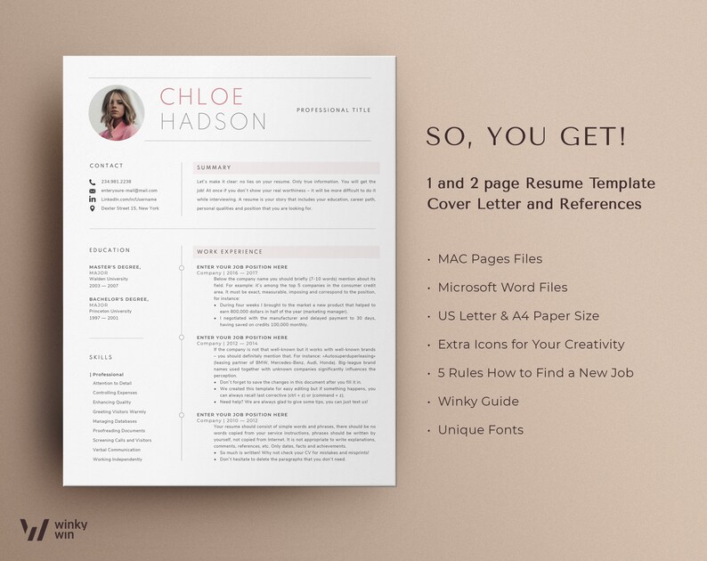 Pink Resume Template Word + Mac Pages | Rose Creative Resume Templates ...