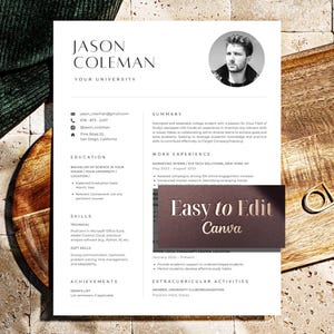 May include: A resume template with the name "JASON COLEMAN" at the top, a headshot, and sections for contact information, education, skills, and work experience. The resume is on a white background with black text. The text "Easy to Edit Canva" is also visible.