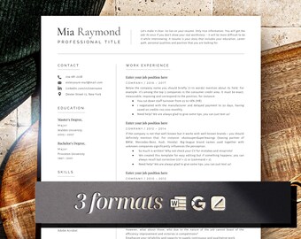 May include: A black and white resume template with the text "Mia Raymond" and "Professional Title" at the top. The resume includes sections for contact information, education, work experience, and skills. The text "3 formats" is displayed in white on a gray background with icons for Microsoft Word, Google Docs, and Adobe Acrobat.