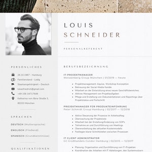 May include: A resume for Louis Schneider, a personal referent. The resume lists his personal information, work experience, and skills. The resume is in a modern, minimalist design with a black and white color scheme.