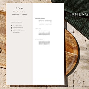 May include: A white resume template with the name Eva Vogel and the title Personalreferent. The resume includes sections for personal information, work experience, education, and further education. The word "Anlagen" is at the top right corner of the page.