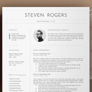 Puede incluir: Una plantilla de currículum vitae en blanco y negro con el nombre Steven Rogers en la parte superior. El currículum incluye secciones para información de contacto, educación, experiencia laboral, habilidades y un perfil profesional. La sección del perfil profesional incluye el texto "Seamos claros: no hay mentiras en su currículum. Solo información verdadera. ¡Conseguirá el trabajo! De inmediato si no demuestra su verdadera valía - será más difícil hacerlo durante la entrevista. Un currículum es su historia que incluye su educación, su trayectoria profesional, sus cualidades personales y el puesto que busca."