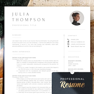 Puede incluir: Una plantilla de curr&iacute;culum vitae en blanco y negro con texto dorado que dice "Curr&iacute;culum Profesional". El curr&iacute;culum es para Julia Thompson e incluye secciones para resumen, experiencia laboral, educaci&oacute;n e informaci&oacute;n de contacto.
