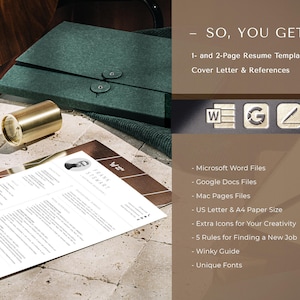 May include: A resume template in a minimalist style with a brown and white striped background. The template includes a cover letter and references. The text "SO, YOU GET!" is at the top of the image. The template is available in Microsoft Word, Google Docs, and Mac Pages formats. It is also available in US Letter and A4 paper sizes. The template includes extra icons for creativity and five rules for finding a new job. It also includes a Winky Guide and unique fonts.
