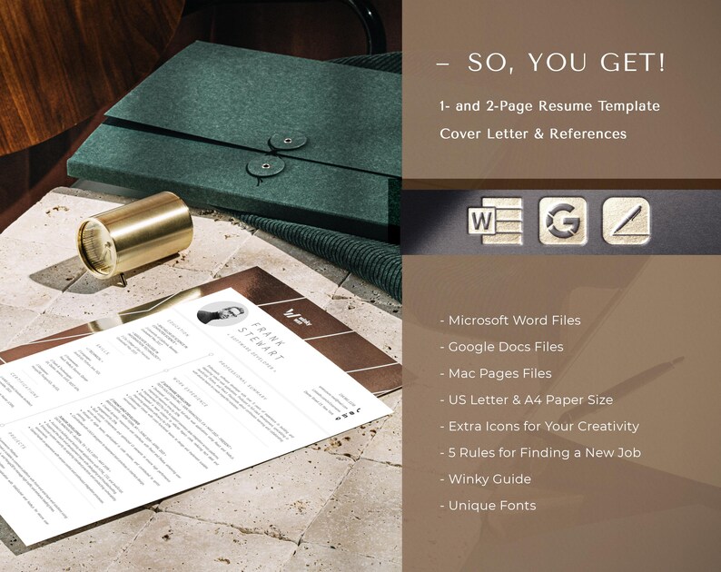 May include: A resume template in a minimalist style with a brown and white striped background. The template includes a cover letter and references. The text "SO, YOU GET!" is at the top of the image. The template is available in Microsoft Word, Google Docs, and Mac Pages formats. It is also available in US Letter and A4 paper sizes. The template includes extra icons for creativity and five rules for finding a new job. It also includes a Winky Guide and unique fonts.