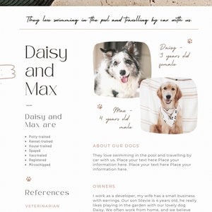 Formulario de solicitud de alquiler de mascotas, CV de perro editable, plantilla de carta de solicitud de alquiler con mascotas, cuidadores, perreras, currículum de peluquería