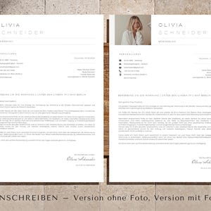 Pode incluir: Dois modelos de curr&iacute;culo branco com o nome "OLIVIA SCHNEIDER" no topo. Um tem foto, o outro n&atilde;o. O texto "ANSCHREIBEN - Version ohne Foto, Version mit Foto" est&aacute; na parte inferior.
