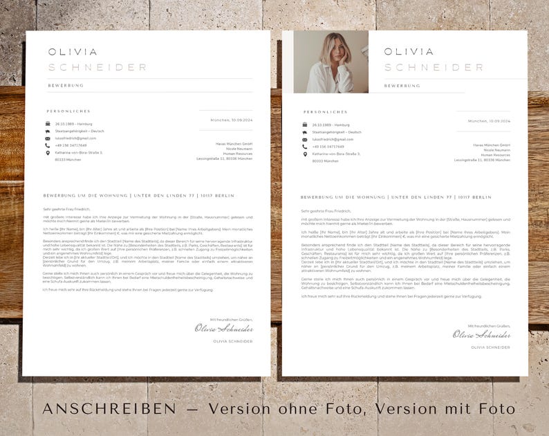 Pode incluir: Dois modelos de curr&iacute;culo branco com o nome "OLIVIA SCHNEIDER" no topo. Um tem foto, o outro n&atilde;o. O texto "ANSCHREIBEN - Version ohne Foto, Version mit Foto" est&aacute; na parte inferior.