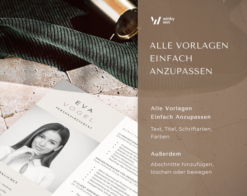 May include: A black and white photo of a woman with a professional resume template. The resume template is titled "Eva Vogel, Personalreferent" and includes a section for "Professional Experience" and "IT Client Admins". The text "Alle Vorlagen Einfach Anzupassen" is displayed in the upper right corner of the image.