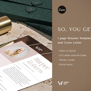 May include: A resume template and cover letter with the name "Harper Roberts" in a soft, neutral color palette. The image includes a gold-colored pen and a dark green portfolio. Text on the image reads "SO, YOU GET! 1 page Resume Template and Cover Letter."