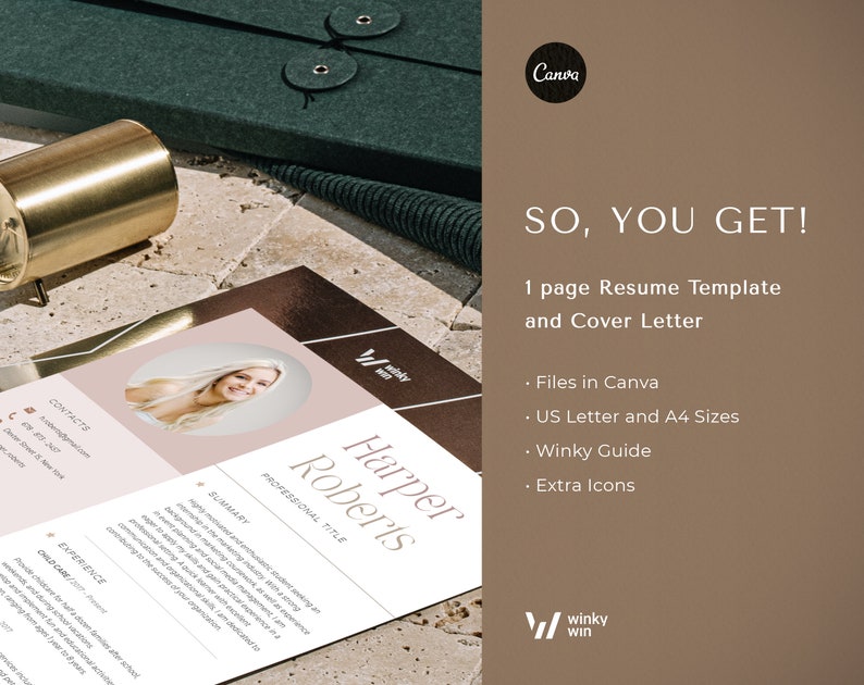 May include: A resume template and cover letter with the name "Harper Roberts" in a soft, neutral color palette. The image includes a gold-colored pen and a dark green portfolio. Text on the image reads "SO, YOU GET! 1 page Resume Template and Cover Letter."