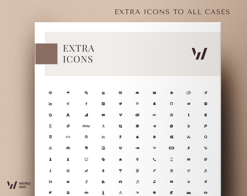 May include: A black and white grid of social media icons, including Instagram, Twitter, Facebook, LinkedIn, Pinterest, and more. The text "EXTRA ICONS TO ALL CASES" is at the top of the grid.