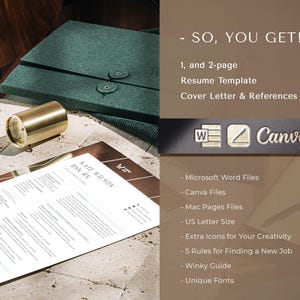 May include: A digital resume template set featuring a 1 and 2-page layout, cover letter, and references. Includes Microsoft Word, Canva, and Mac Pages files in US Letter size. Text includes "SO, YOU GET!", "Kate Wilson BSN, RN", and "Winky Guide".