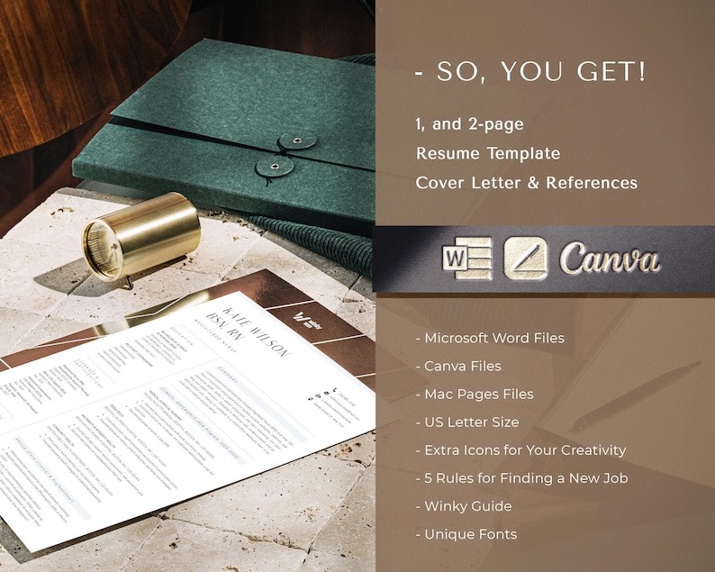 May include: A digital resume template set featuring a 1 and 2-page layout, cover letter, and references. Includes Microsoft Word, Canva, and Mac Pages files in US Letter size. Text includes "SO, YOU GET!", "Kate Wilson BSN, RN", and "Winky Guide".