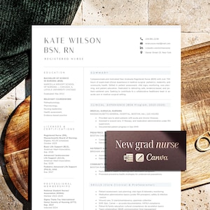 May include: A white resume template for a registered nurse named Kate Wilson, BSN, RN, featuring sections for education, clinical experience, licenses, and skills. A dark rectangular overlay displays the text New grad nurse with Word and Canva icons.